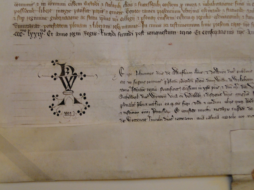 Foundation Charter of William of Wykeham's college, witnessed by John de Swaffham, notary, 1379