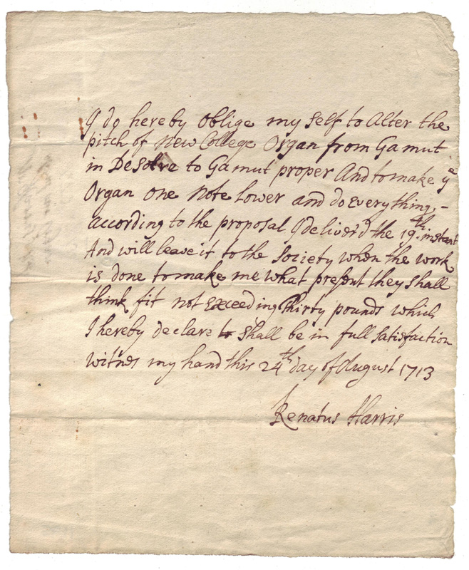 NCA 1195, Renatus Harris's agreement to alter New College's organ, February 1713