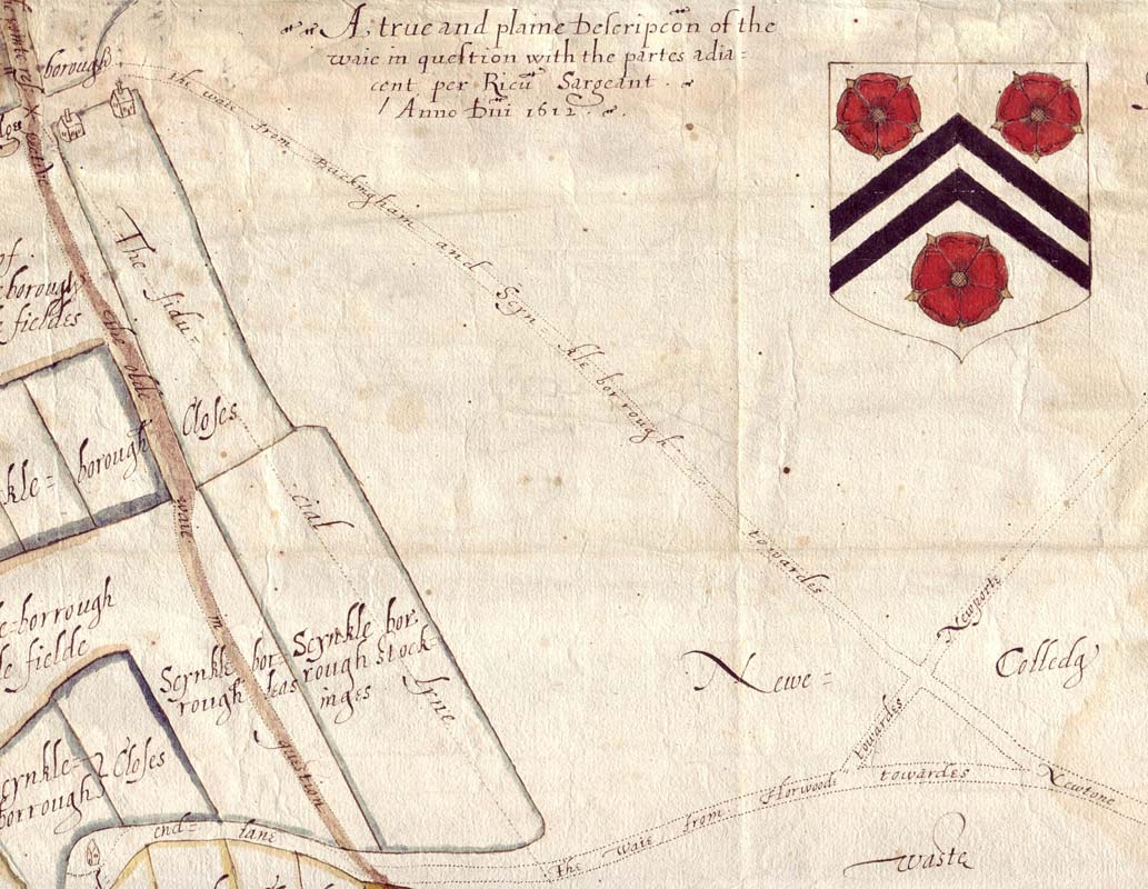 NCA 4507, Richard Sargeant's map of disputed right of way in the College's manor of Great Horwood, hamlet of Singleborough, 1612