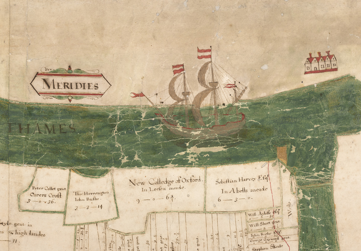 NCA 5617, Ship on the River Thames [detail] from Richard Barnard's map of Havering Marsh, 1600