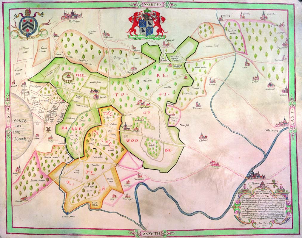 NCA 5671/1, Map of Bernwood Forest with arms of New College and Lord Williams of Thame, 1590