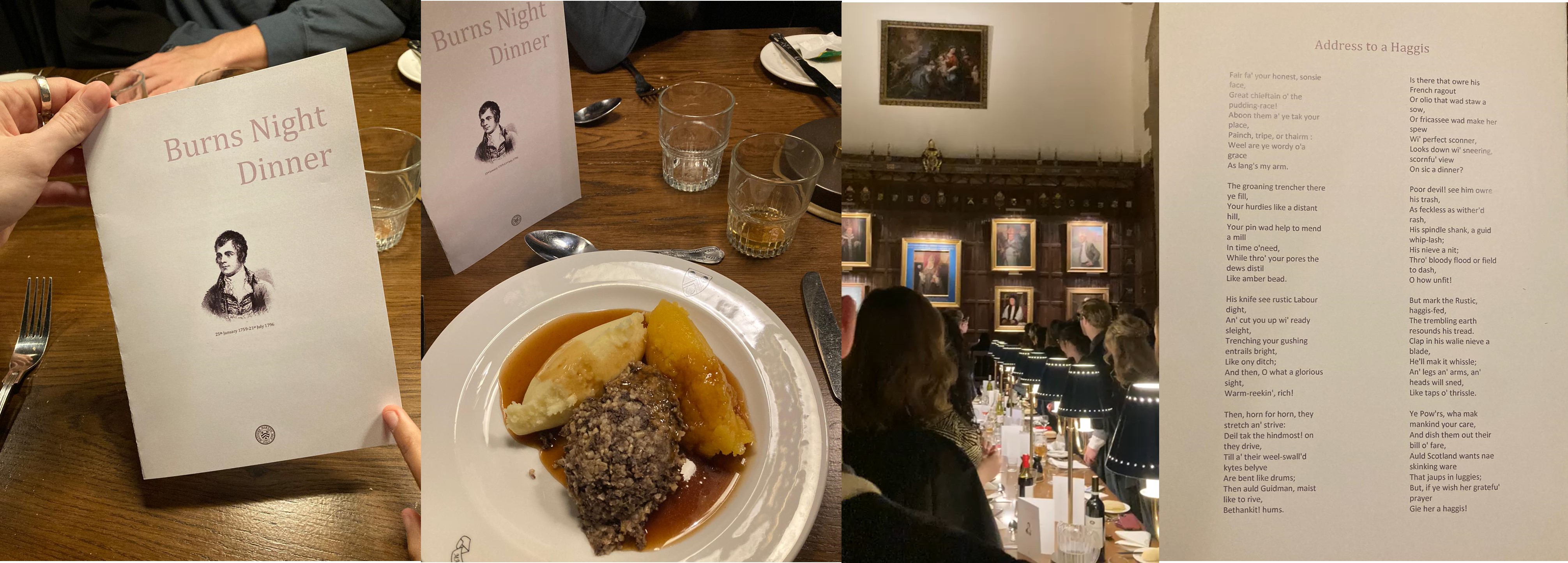 Four part picture: menu featuring Robert Burns portrait; Haggis, neeps and tatties; students watching bagpipers; address to a haggis
