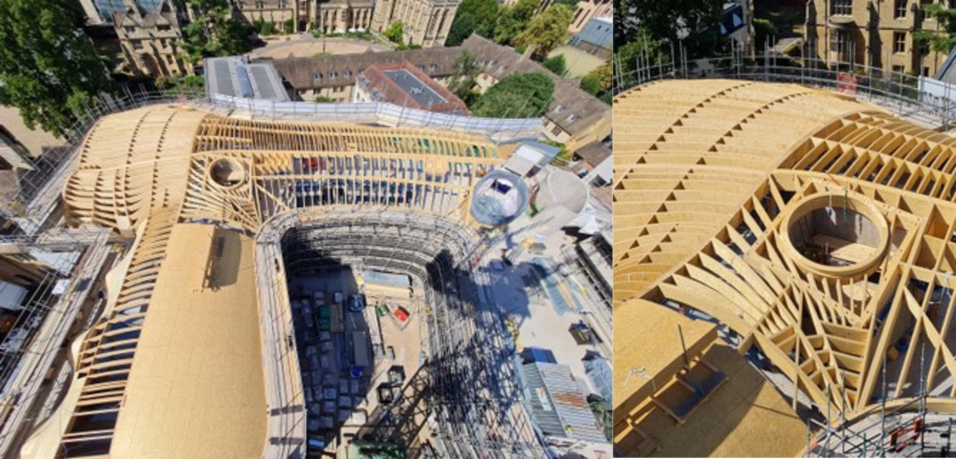 Two photos side-by-side showing a shaped timber roof being built on a 3-sided quad