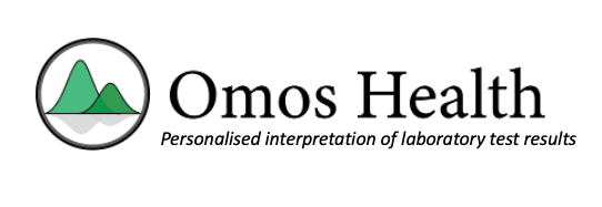 Logo - 'Omos HealthL Personalised interpretation of laboratory test results'. Icon depicting a circle with graph results inside. 