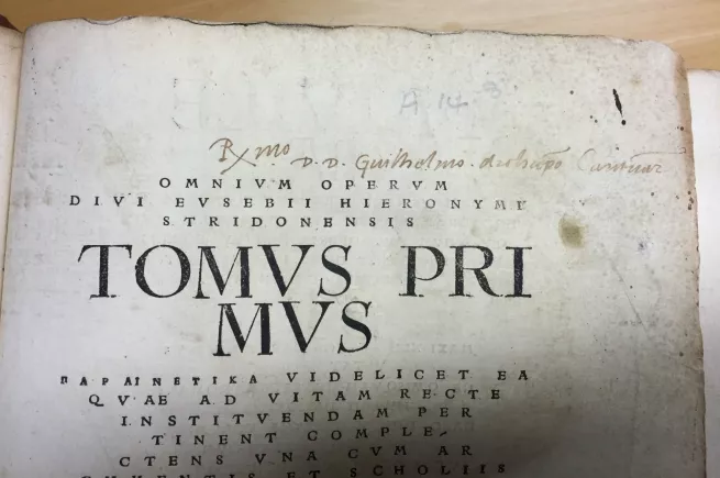 Erasmus’s inscription to the title-page of New College Library, Oxford, BT1.74.9