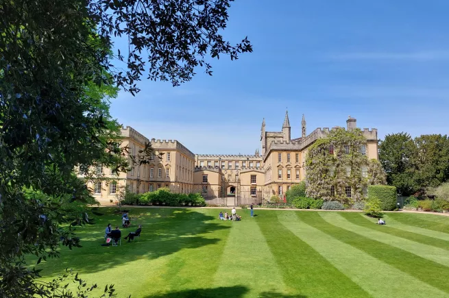 Garden Quad, with people on the striped lawn