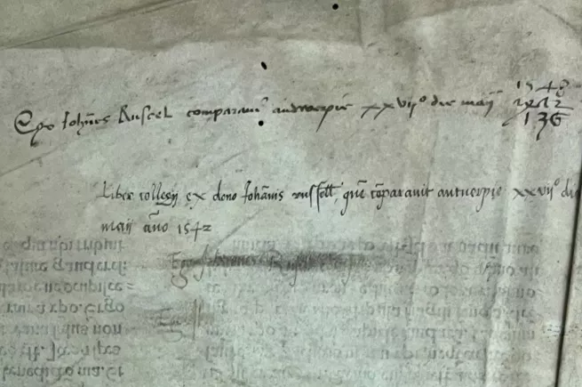 John Russell’s inscription on the second of two fragmentary flyleaves, New College Library, Oxford, LPF3/2, f. 47 [detail]