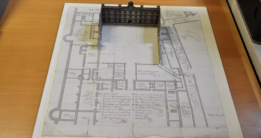 An old document featuring design of New College quadrangles and pop-up building