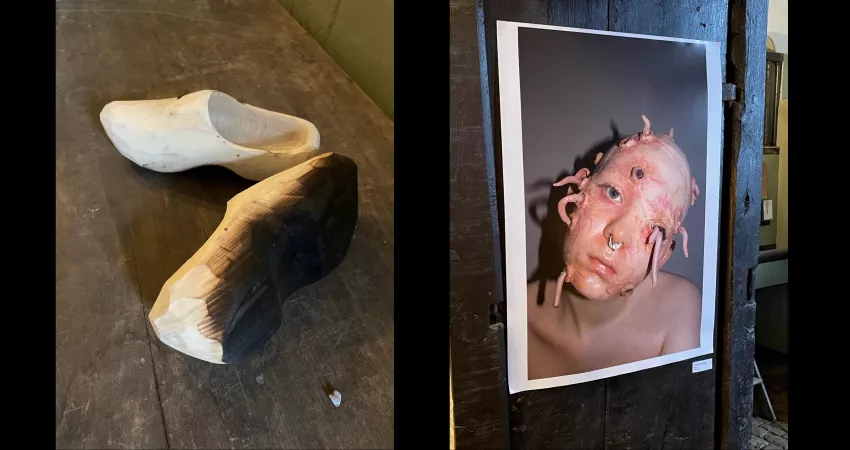 Two pictures: white clogs with burned soles; Portrait of person made-up with tentacles
