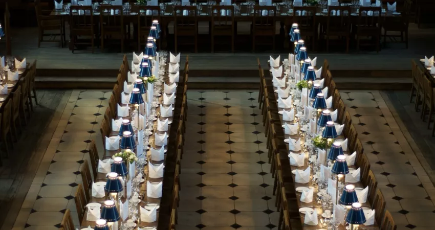 Overhead view of laid tables for Gaude 