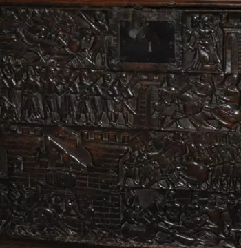 A section of the Courtrai Chest, with carvings of the Battle of Golden Spurs