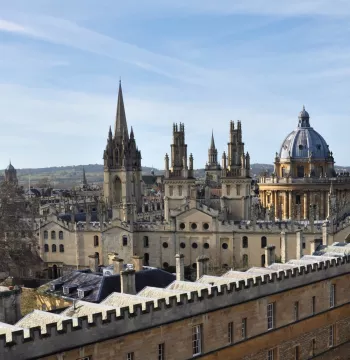 University Church, tower of All Souls College, Radcliffe Camera above the crenellations of New College Front Quad