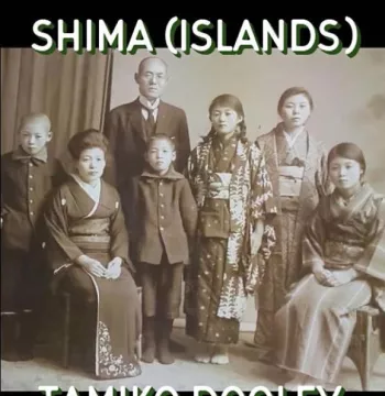 Black and white photo of a Japanese family, with book title and author's name