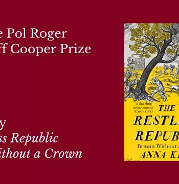 The cover of The Restless Republic on a red background, with details of the prize win