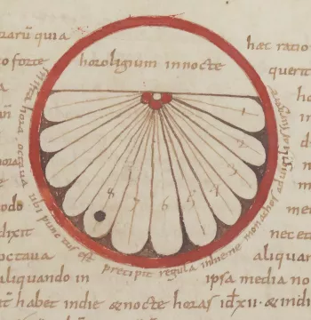 Hildemar Horologium in nocte Dijon s. xi BnF Lat 12637 f. 73r - a medieval diagram of a circle containing downward-facing 'petals'